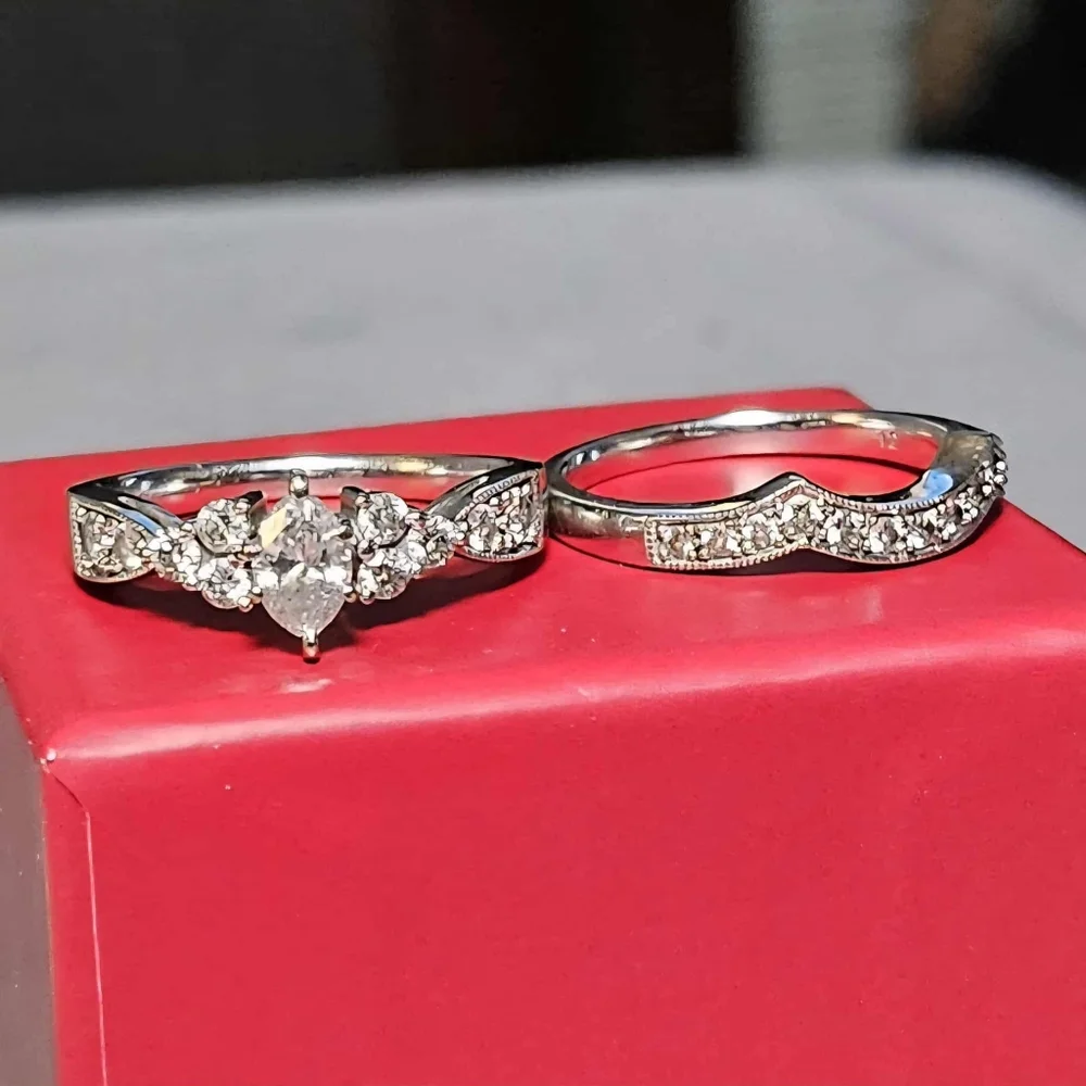 Wedding Set Natural Diamond Rings, 14K White Gold - Picture 3 of 7
